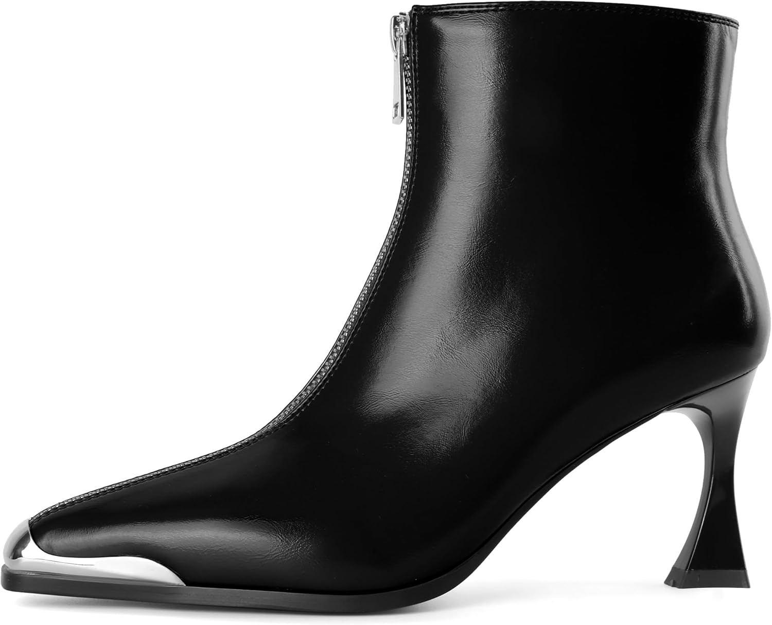 Eldof Women's Ankle Boots Front Zipper Spool Heels Square Toe Booties Mid Heel Short Leather Boot Sexy Dressy Party Shoes 3 Inches