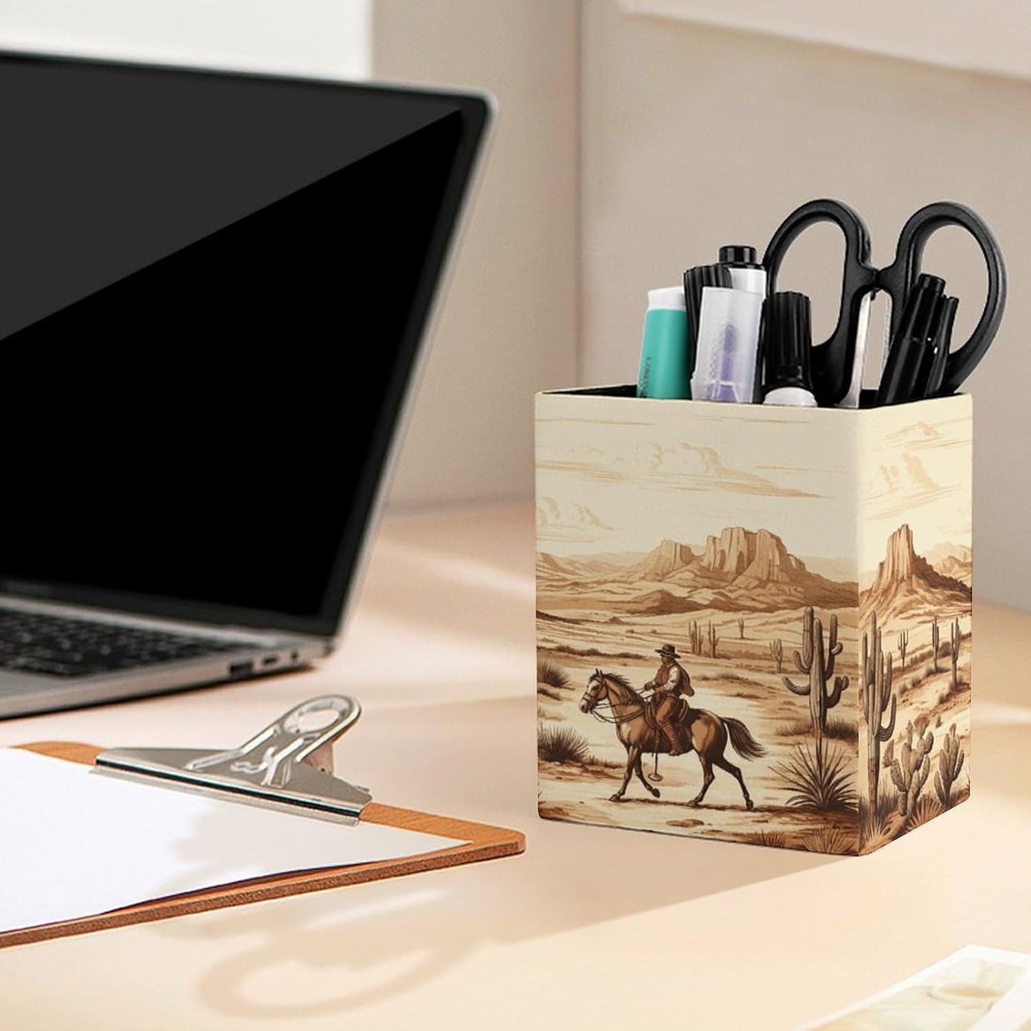 Western Cowboy Riding Pen Holder Square Desk Organizer for Office Studio image 5