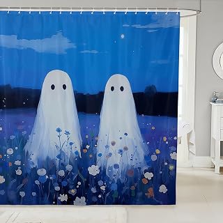 Manfei Cute Ghost Paint Fabric Shower Curtain,Halloween Ghost Couple Kawaii Shower Curtain,Watercolor Blue Nature Floral Aesthetic Waterproof Shower Curtain for Bathroom,72 Inch Long