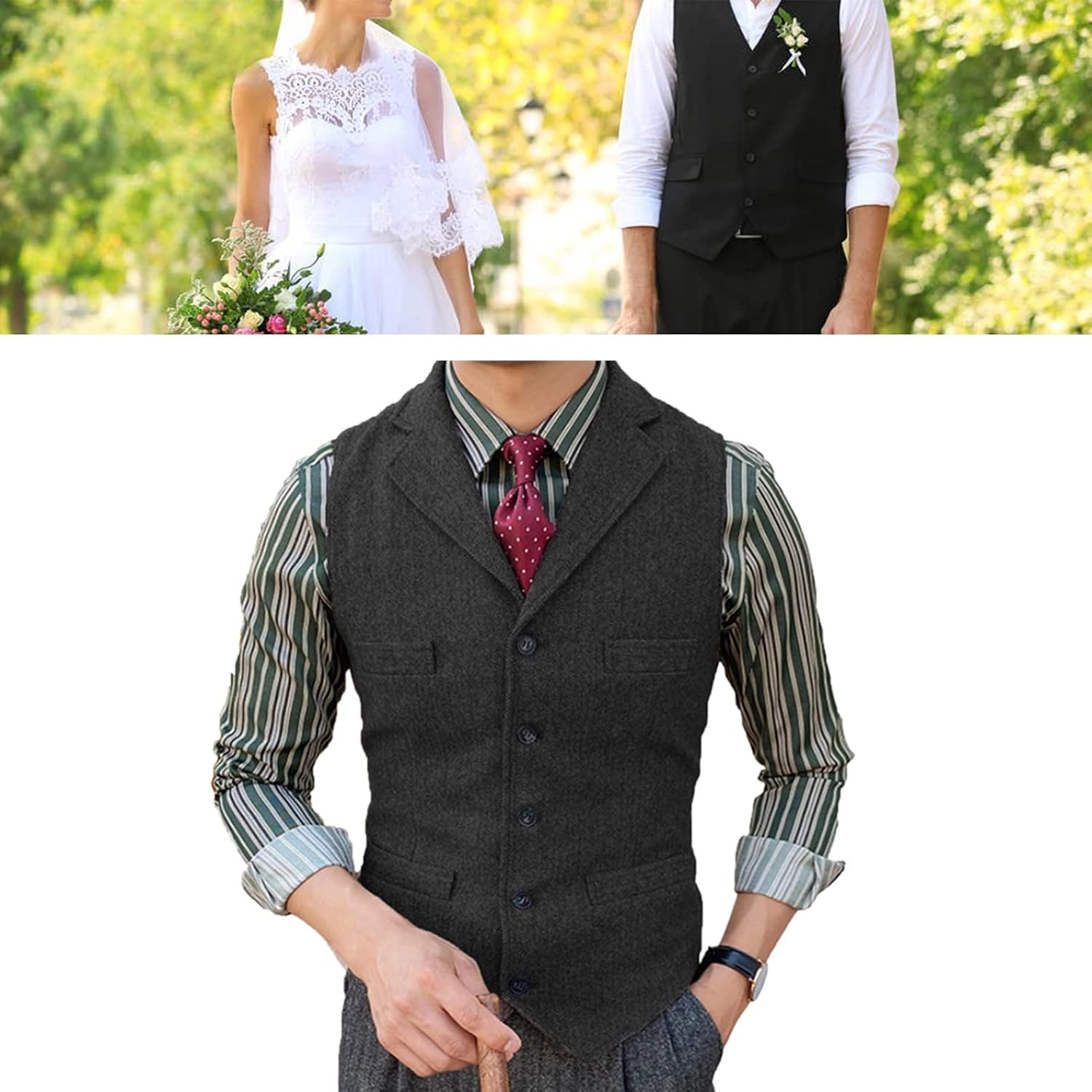 Mens Slim Fit Herringbone Tweed Suits Vest, Lapel V Neck Casual Formal Groomman Lightweight Waistcoat for Prom Banquet Work (Color : Black, Size : Large)