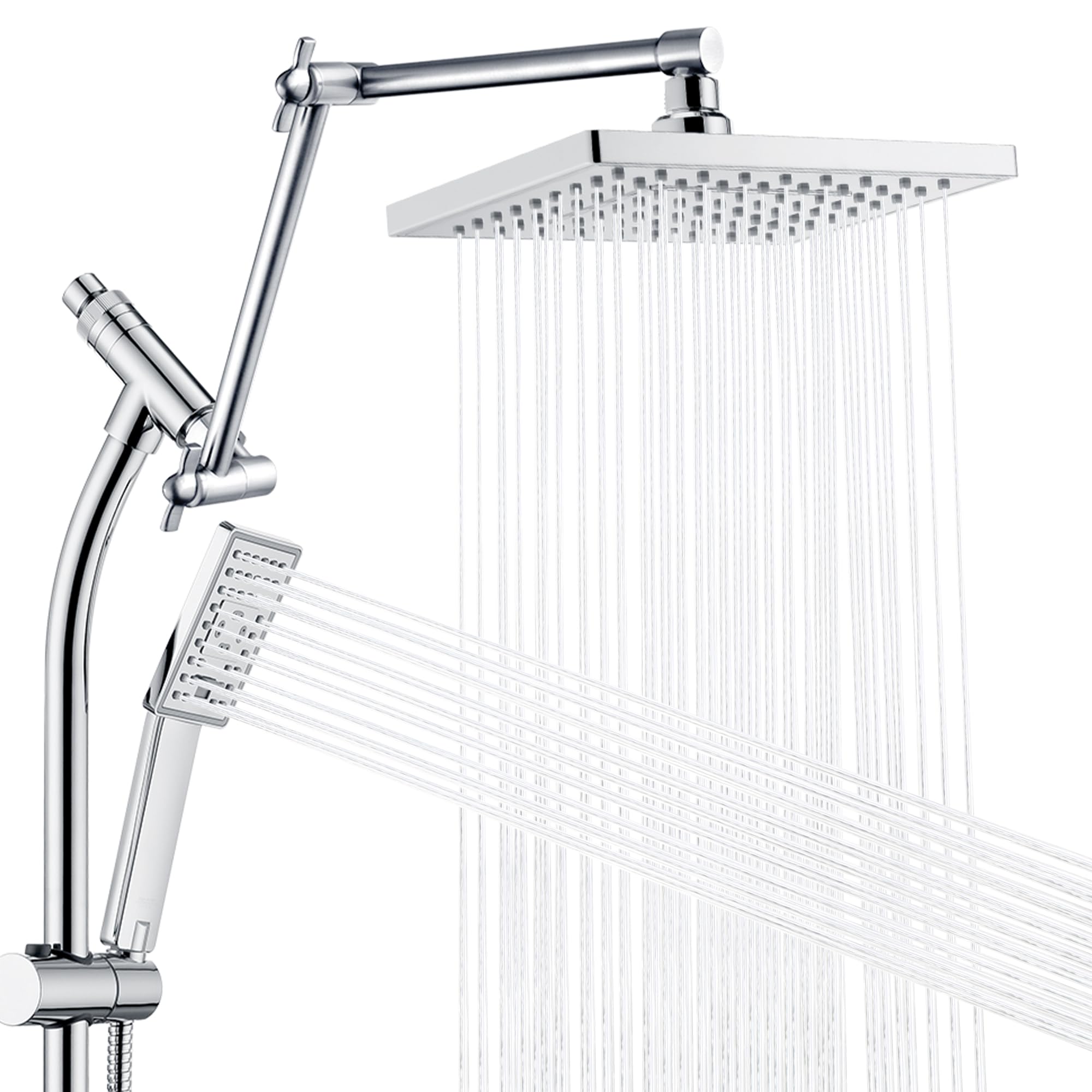 Rain Shower Heads System, Rainfall Shower Head with Handheld Spray Combo Includes Solid Brass Slide Bar, Height Adjustable Shower Holder, Shower Extension Arm and 60" Long Hose, Chrome