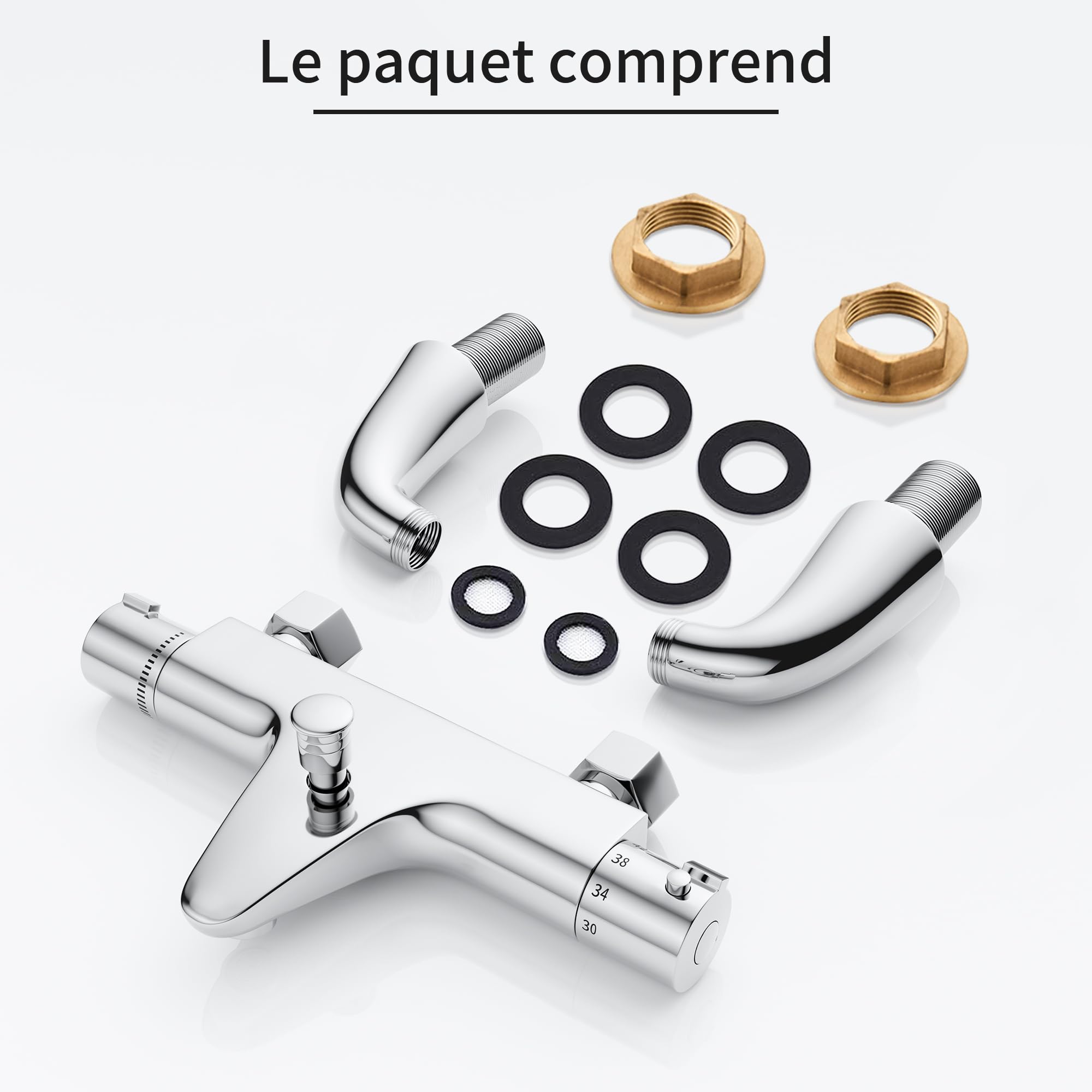 MORADO Mitigeur Baignoire Thermostatique, Robinet ,Mitigeur de Douche avec Contrôle de La Température, Laiton, Finition Chromée, Monté sur Baignoire