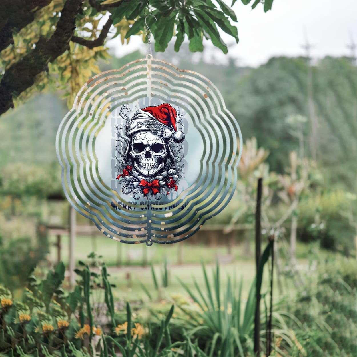 Skeleton Santa Claus Christmas Wind Spinners 3D Stainless Steel Laser Cut Metal Double Sided Printing-Hanging Indoor/Outdoor Decorations Yard Gardening Decor,Metal Kinetic Art 14x14 inches