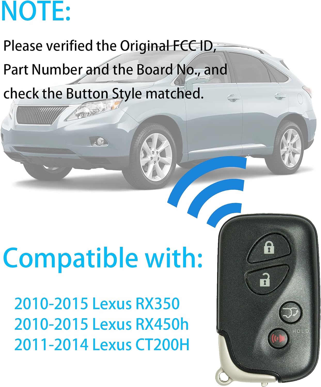 Smart Key for Lexus RX350, Alliskeys Proximity Smart Key Fob Replacement Compatible with Lexus RX350 RX450 CT200H 2010-2015 HYQ14ACX 271451-5290 89904-48191