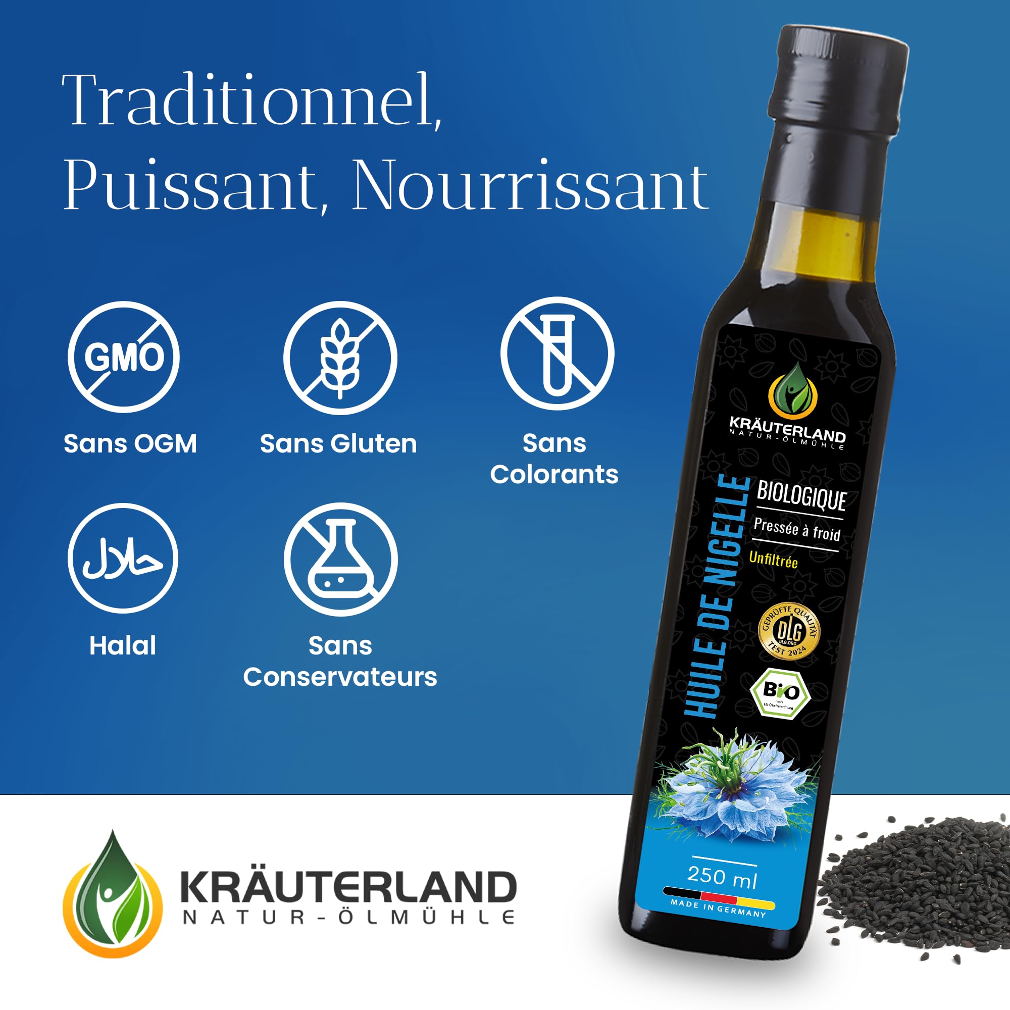 Kräuterland Bio Huile de Nigelle 250ml, non filtrée, pressée à froid,égyptienne, nigella sativa, végétalienne