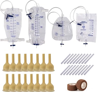 Condom Catheters for Elderly Men Age 80, External Catheter for Men Set Overnight-24Pcs Latex Condoms,750ml & 1000ml Leg Bags for Days, 1500ml & 2000ml Urine Bags for Night, Quick and Easy Drainage