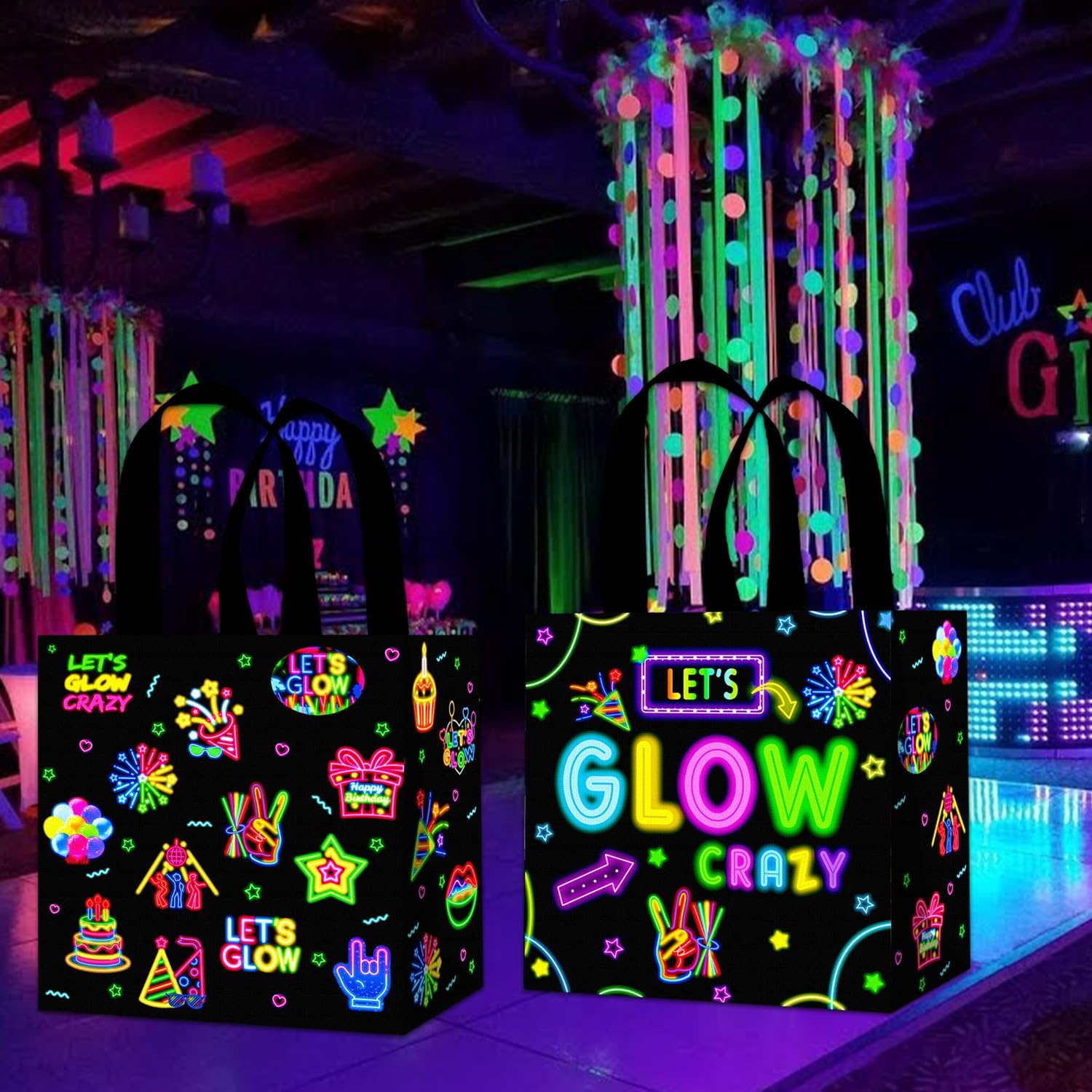 Glow Neon Party Favor Bags 12PCS Glow In the Dark Birthday Party Supplies Non-woven Neon Theme Treat Bags Neon Birthday Gift Candy Bag for Let's Glow Crazy Decor - Image 7