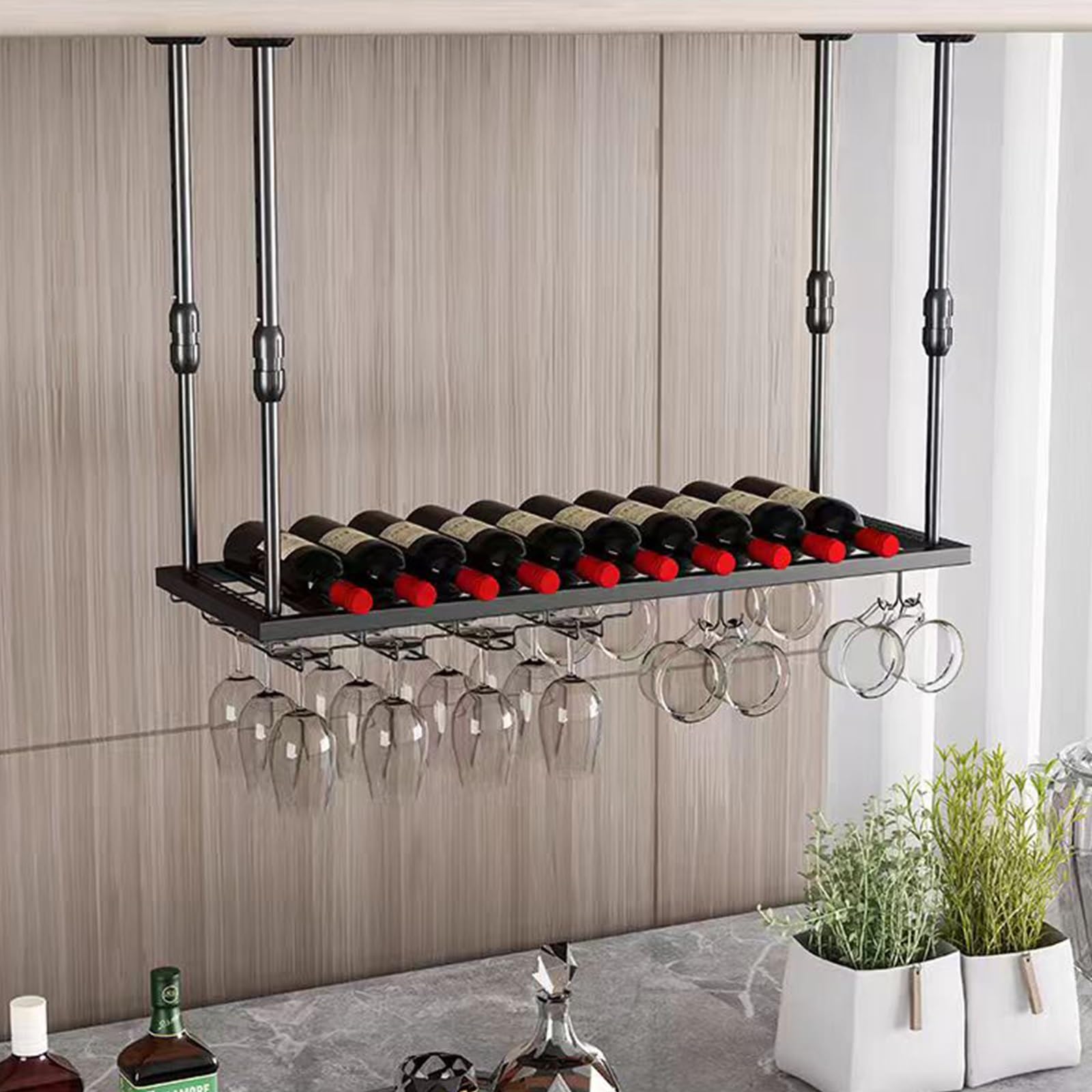 Porte-bouteilles de vin de fixation murale plafond hauteur réglable fer noir 60x30