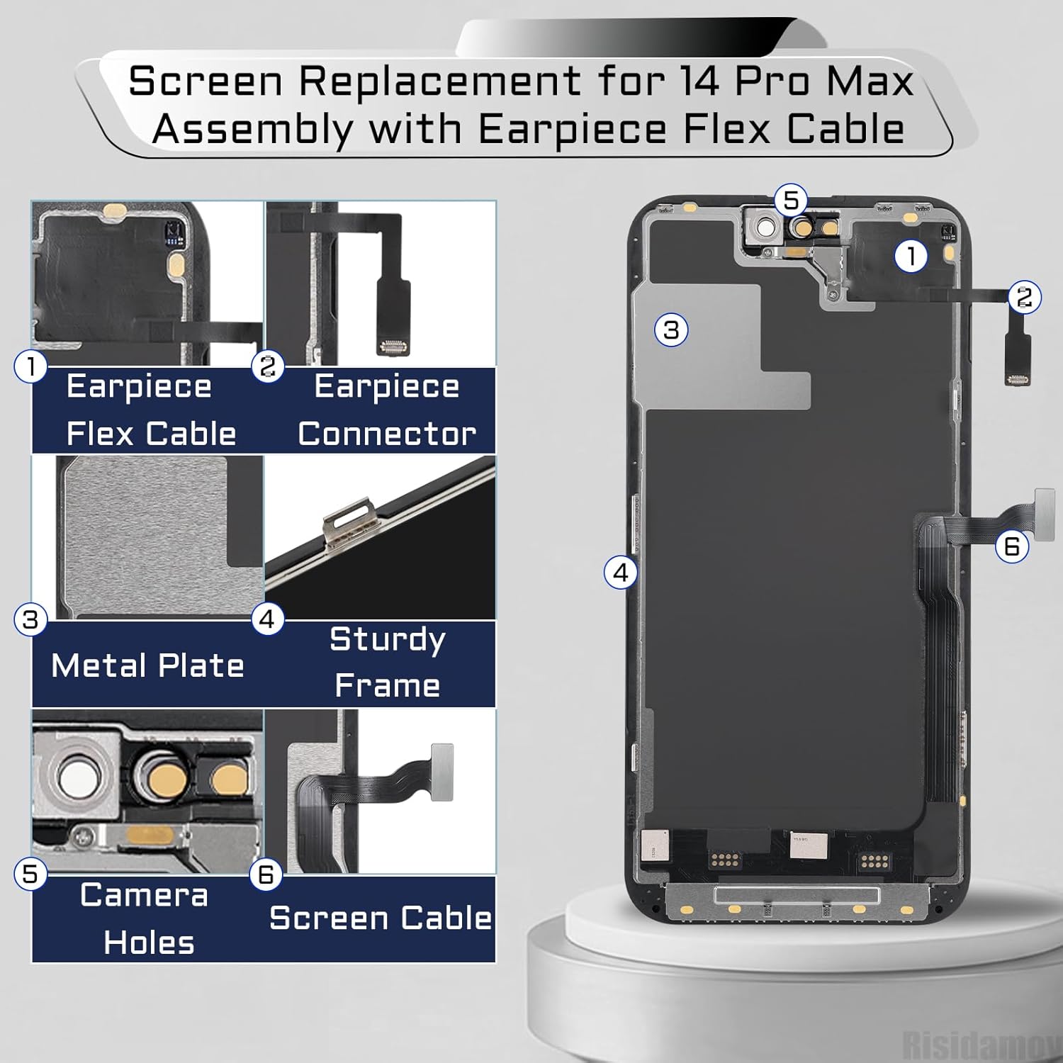 for iPhone 14 Pro Max Screen Replacement with Earpiece Flex Cable Proximity Sensor LCD Touch Display Digitizer Full Assembly with Waterproof Adhesive Repair Tool Kits A2651 A2893 A2894 A2896