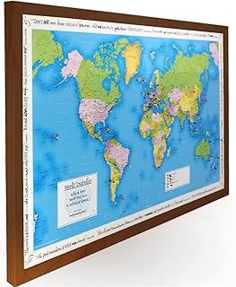 Personalised Pin Board World Map - Made Of Cork With Frame 105 X 67cm - Memo Board Made Of Cork With 100 Pins - Huge World Map Poster With Pinboard, World Map Wall Decoration, Travel Gift, Home Décor (Dark Wood Frame)