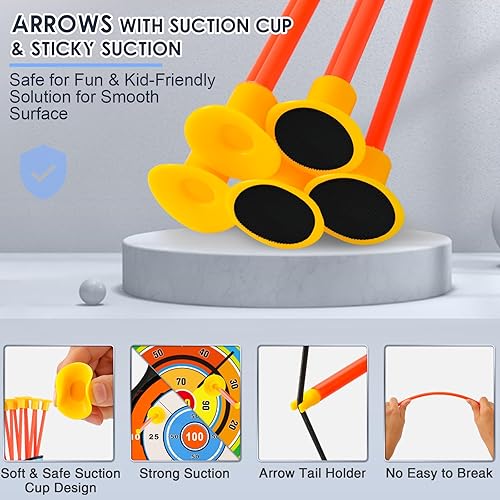 Miniatura 10 de Juego de juguetes de tiro con arco para niños, juego de arco y flecha con luz LED con 10 flechas de ventosa, objetivo de pie y carcaj