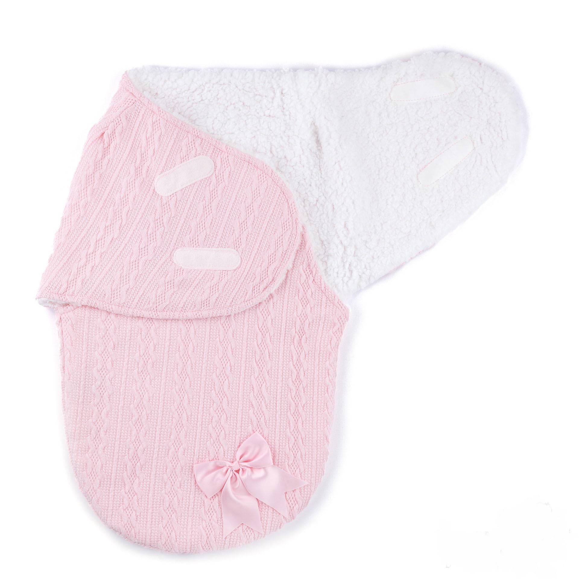 Soft Baby Swaddle Wrap Baby Blanket for Newborns – Warm Knitted Sleeping Bag with Fleece Lining & Bow – 0-3 Months, Stripe Closure – Pink, White, Beige, Dusty Pink, Dusty Blue (Pink)