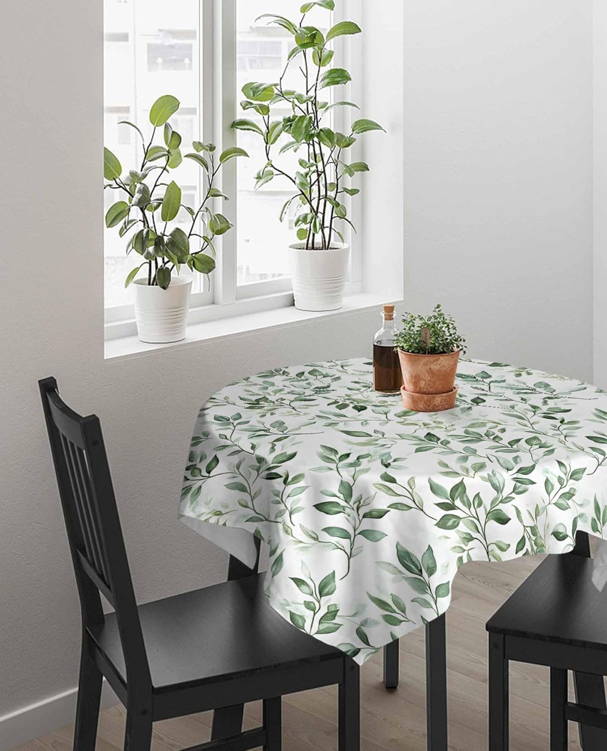 Spring Green Leaves Rectangle Round Table Cloth 60x60 Inch, Watercolor Plant Indoor Outdoor Tablecloth, Waterproof Polyester Fabric Washable Table Cover for Party Holiday Picnic Kitchen Decoration