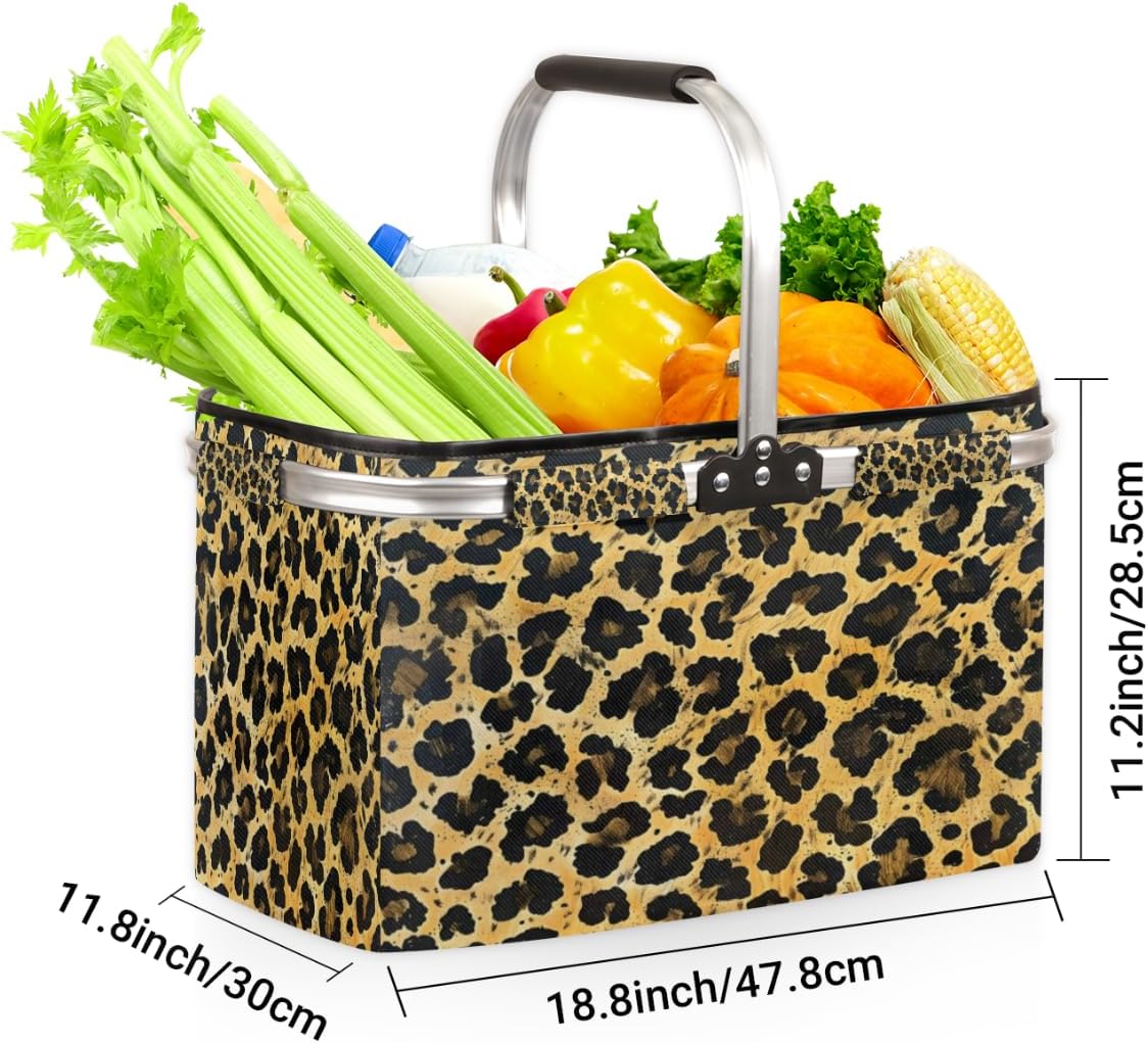 Leopard Print Folding Picnic Basket Large Reusable Shopping Basket Cheetah Brown Orange Collapsible Grocery Bag with Handle Aluminum Frame Market Basket