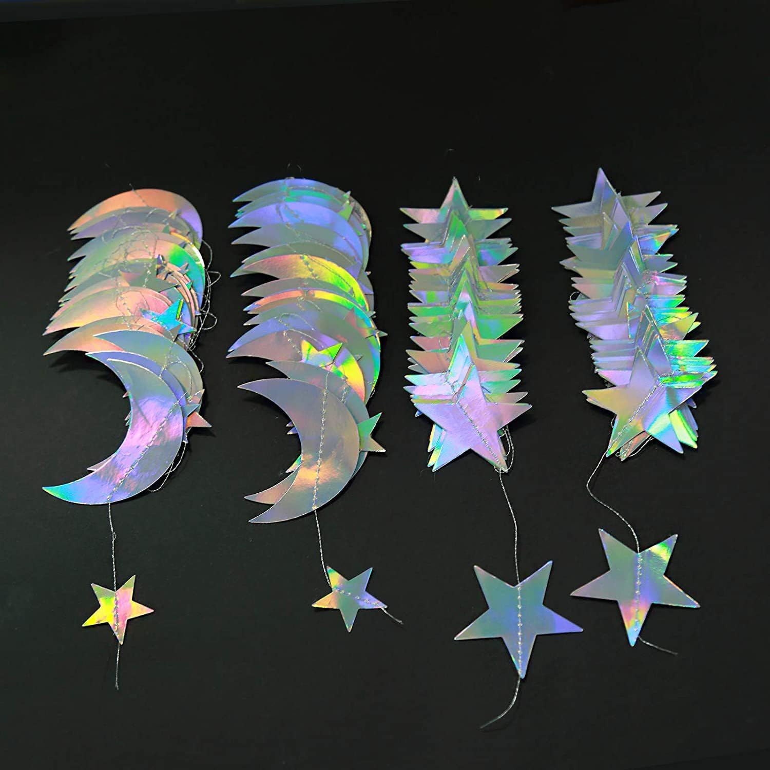 Abien Iridescent Moon Star Garland Decorations Holographic Hanging Stars Garlands Twinkle Star Moon Streamers Bunting Banner for Baby Shower Birthday Wedding Engagement Disco Party Decorations 4PCS