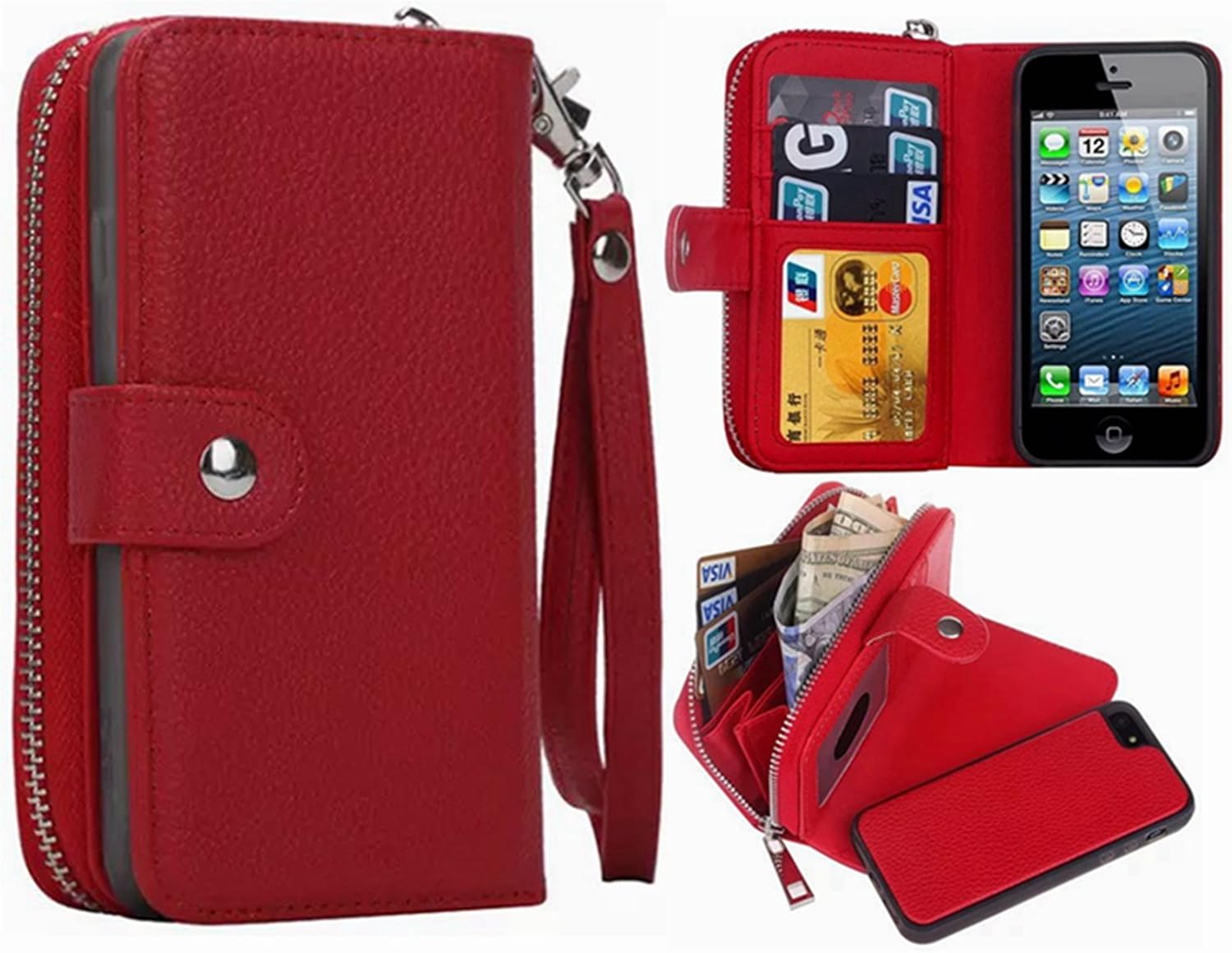 Hynice iPhone 5/5S/SE Wallet Case, iPhone 5/5S/SE Wallet Purse Case Leather Zipper Case with Credit Card Slots and Magnetic Detachable Slim Cover for iPhone 5/5S/SE (Litchi-red)