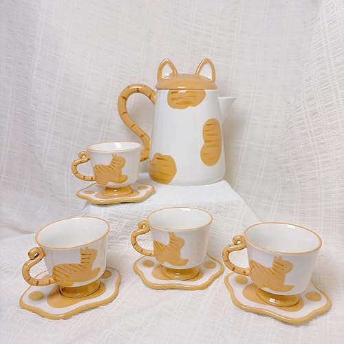 CSZPJLALA Ceramic Cat Tea Set,Cute Cat Paw Tea Mugs And Saucers Set Of 4,Perfect Cat Themed Gifts,Lovely Cat Decor,Tea Sets for Adults,Excellent Gift Idea For Cat Lovers (Orange, 4)