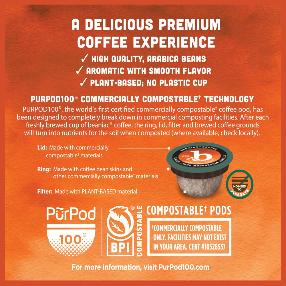 beaniac Sweet n' Saucy Caramel, Flavored Light Roast, Single Serve Compostable K Cup Coffee Pods, Organic Arabica Coffee with Natural Flavors, Keurig Brewer Compatible, 30 Count