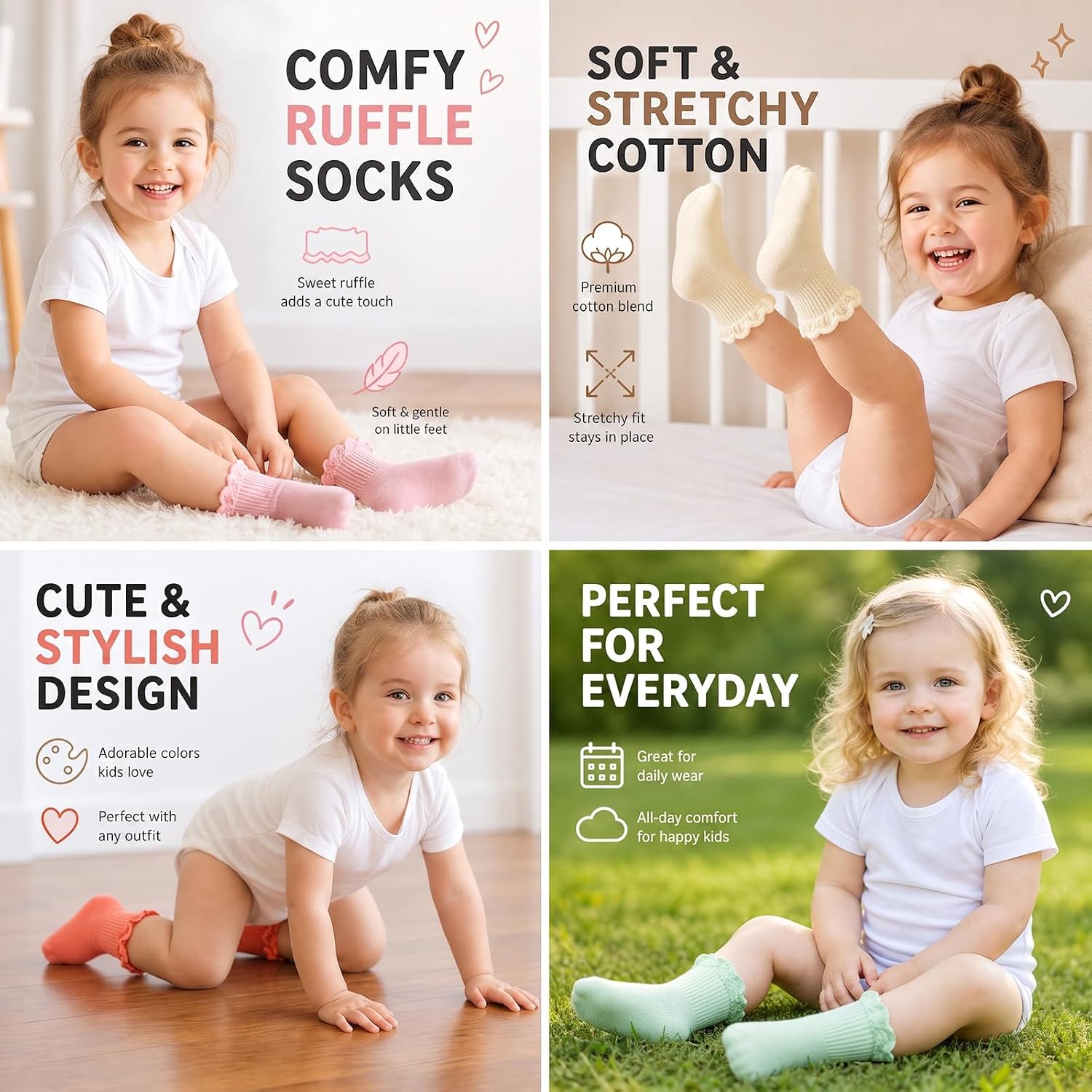 Ruffle Socks for Girls - Cotton Toddler Socks,Fold Cuff,1-8 Years