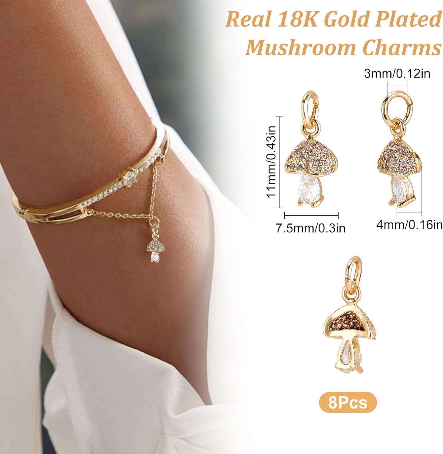 Beebeecraft 8Pcs/Box Cubic Zirconia Mushroom Charms 18K Gold Plated Brass Mushroom Dangle Pendants with Jump Ring for Jewelry Making Necklace Bracelet DIY Crafts - Image 2
