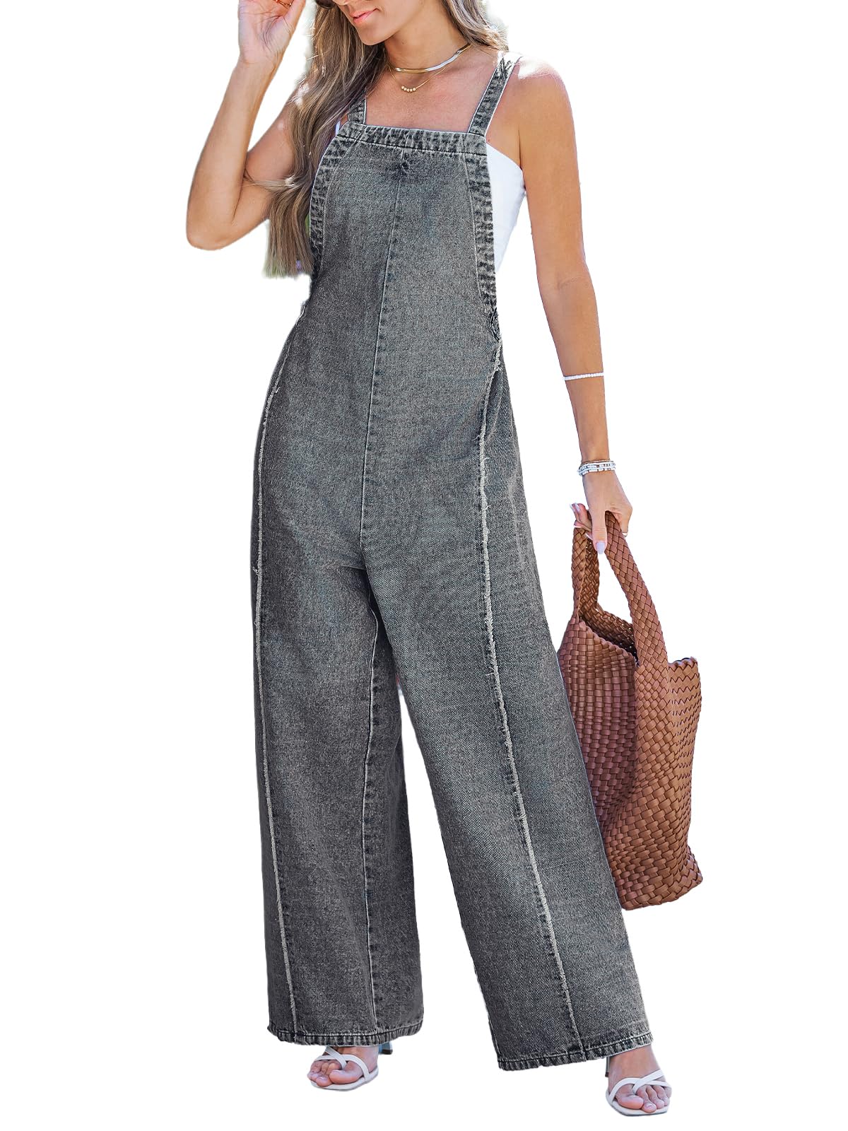 CUPSHE Damen Denim Latzhose Ärmellos Overall Weites Bein Rückenfrei Jeans Jumpsuit