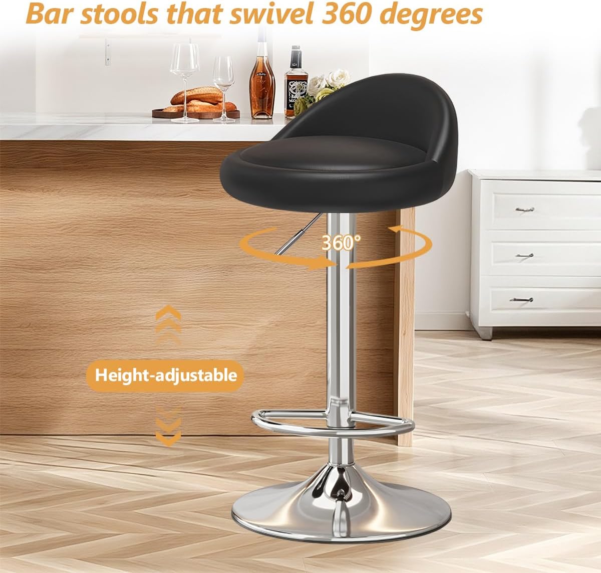 Bar Stools Set of 4, PU Leather Swivel Adjustable Bar Chairs with Low Back,Upholstered Counter Height Barstools for Kitchen Island, Dining Room