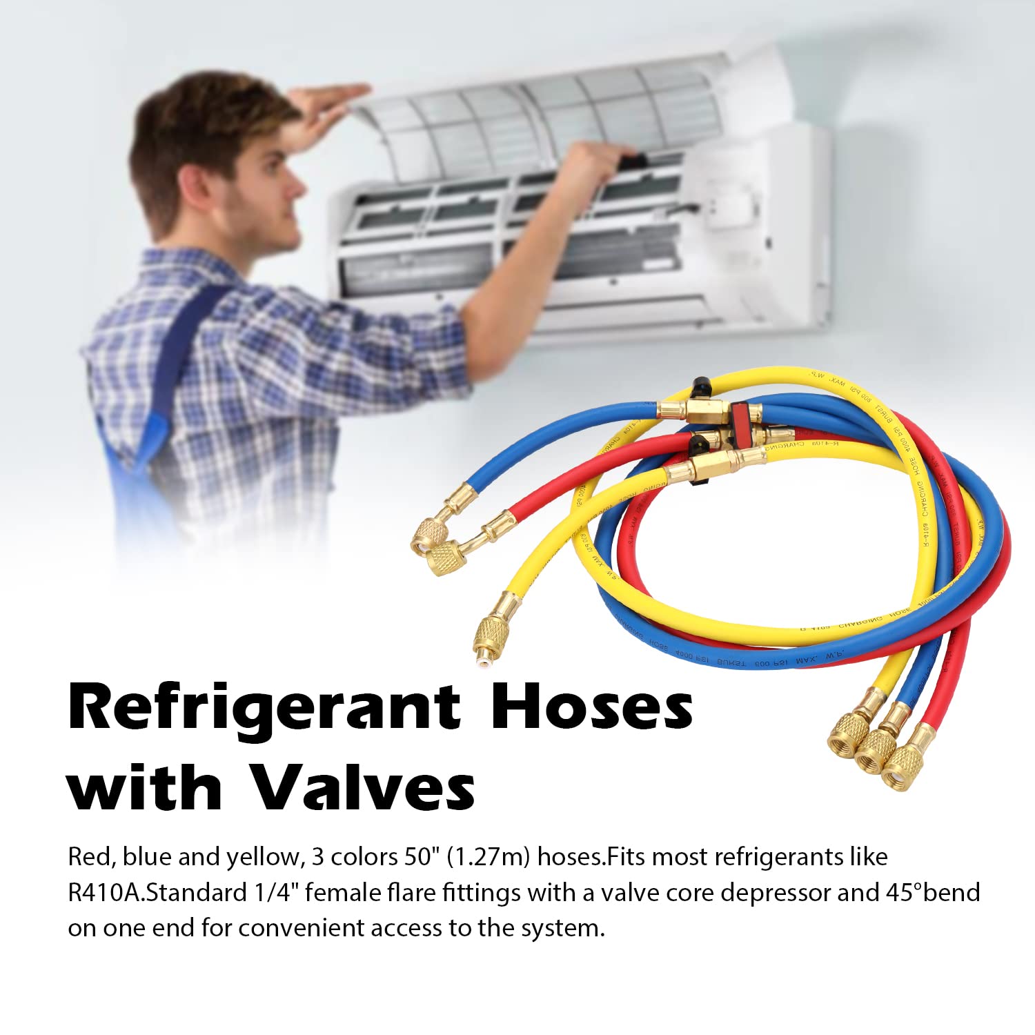 R410A Manguera de adición de refrigerante para aire acondicionado con válvulas de cierre de 50 1 27 m de largo para HVAC y mantenimiento de CA de coche, presión de trabajo de 800 PSI, seguro para
