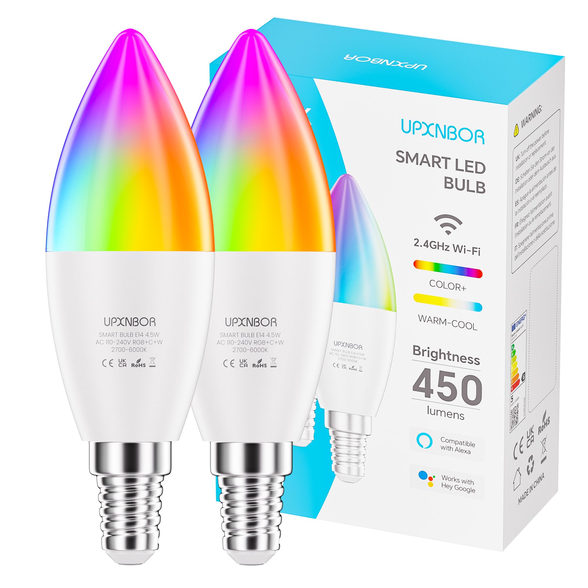 UPXNBOR E14 Smart Bulb, Alexa Light Bulb, WiFi Smart Light, 4.5W, 2 Pack
