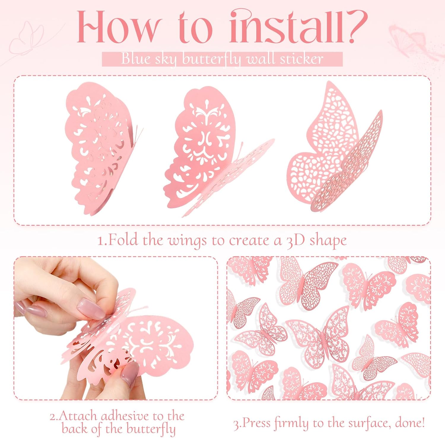 Bememo 72 Pieces 3D Butterfly Wall Decals Sticker Decal Wall Decor Art Decorative Sticker 3 Sizes for Room Offices Bedroom Bathroom Living Room Decor(Light Pink)