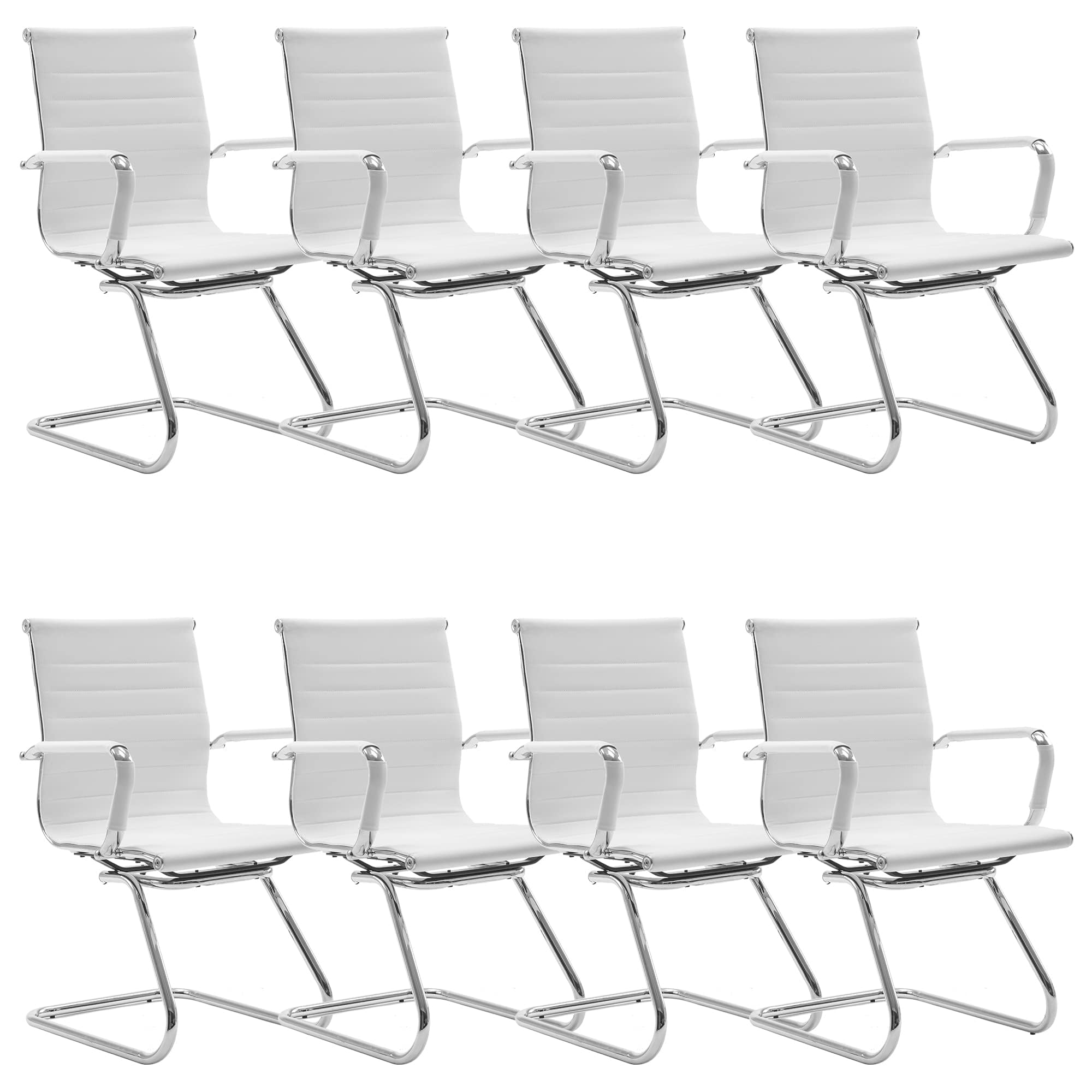 Conference Room Chairs Set of 8, Waiting Room Chairs with Arms, Faux Leather Reception Chairs No Wheels, Office Guest Chairs with Mid Back Support and Chrome Sled Base, White
