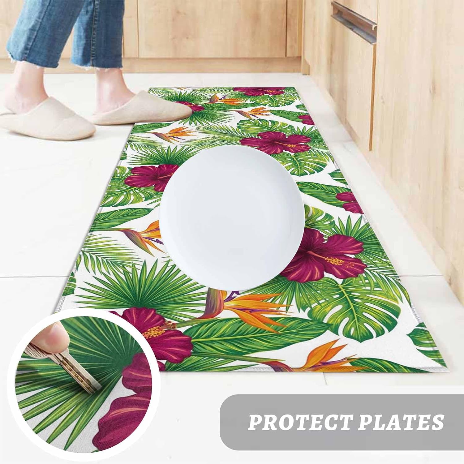 Kitchen Mats for Floor Watercolor Green Palm Leaves Washable Non Slip Kitchen Rugs 2PCS, Summer Tropical Red Flowers Absorbent Standing Mats for Sink Office Living Room 15.7x23.6in+15.7x47.2in