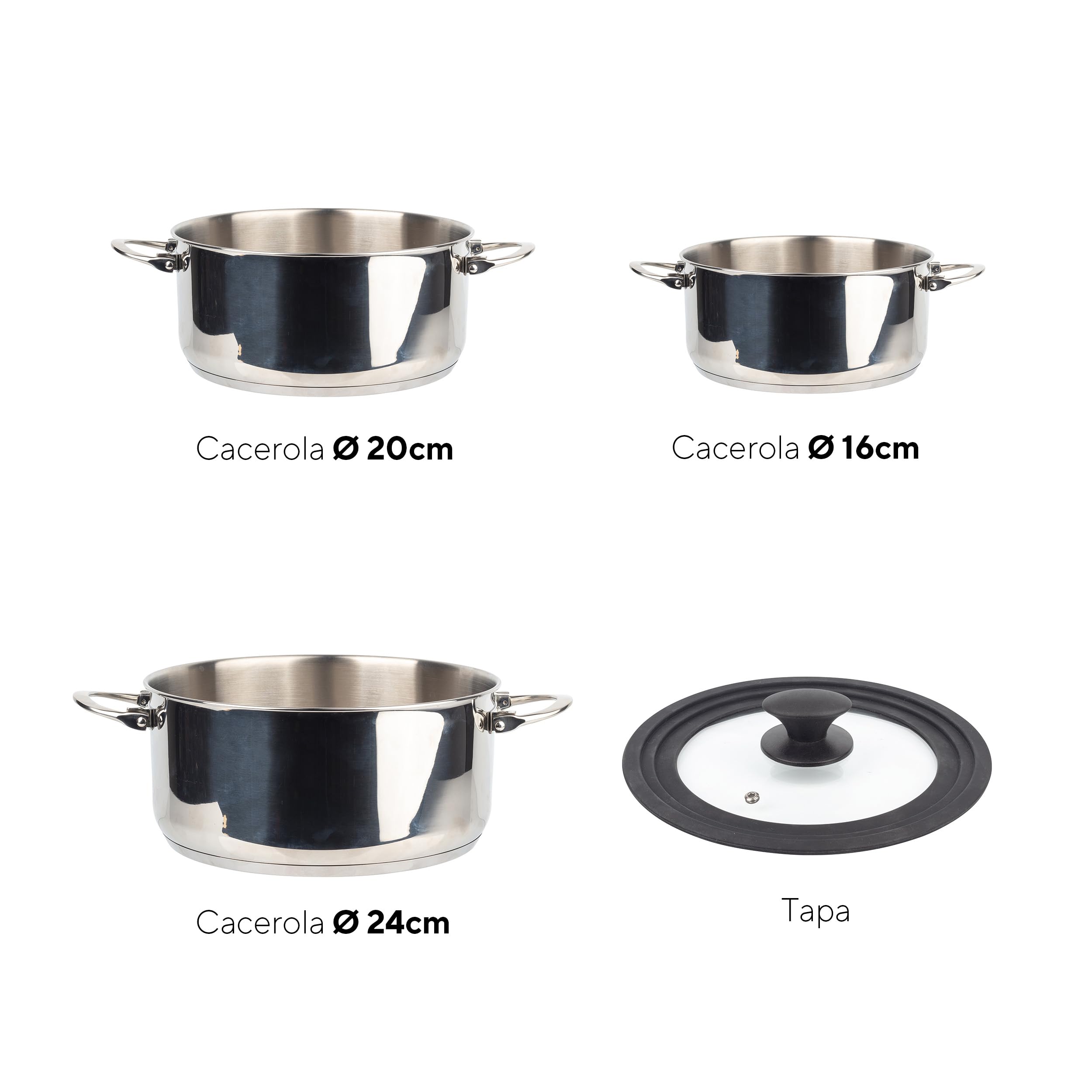 MasterPRO Foodies - Batería de Cocina - Set de 4 Piezas Con Cacerolas de 16, 20 y 24 cm y Tapa de Cristal - Fabricadas en Acero Inoxidable - Compatibles con Todo Tipo de Cocinas