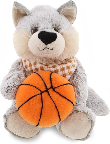 DolliBu Peluche de lobo sentado con felpa de baloncesto, suave lobo abrazable, adorable juguete de peluche para jugar, lindo regalo de vida