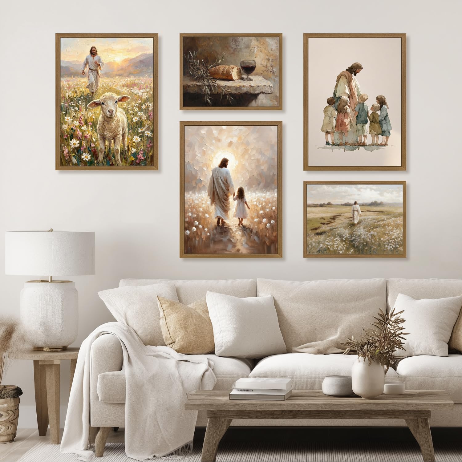 PORENY Jesus and Little Girl Walking Wall Art, Inspirational Christian Faith Decor, Jesus Christ Canvas Painting, Warm Flower Field Religious Artwork for Kids Room Church Wood Framed 12x16 Inch