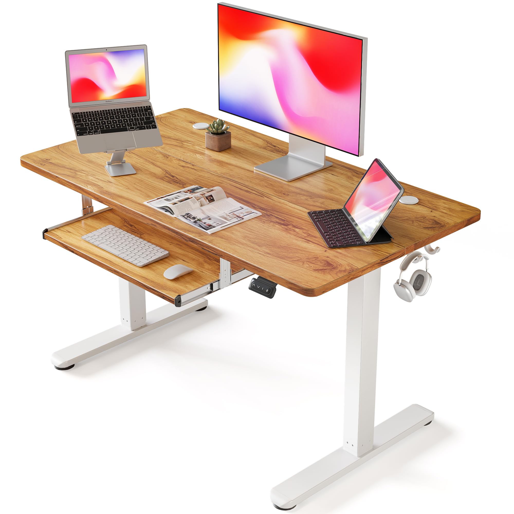 FEZIBO Height Adjustable Electric Standing Desk with Keyboard Tray, 40 x 24 Inches Stand up Table, Sit Stand Home Office Desk with Splice Board, White Frame/Light Rustic Top