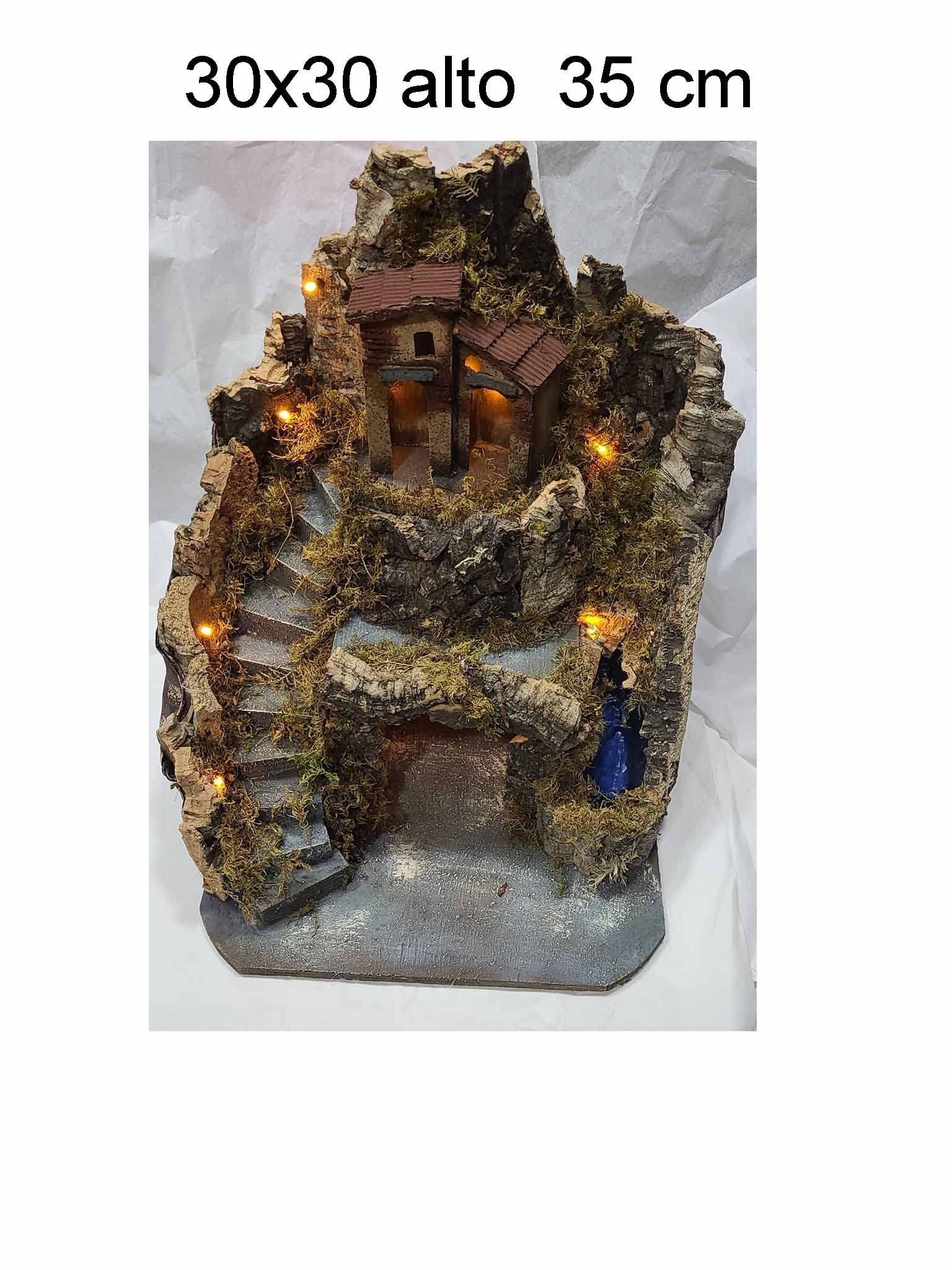 1 presepe completo art 2 medio 30x30 alto 35 cm con luci e cascata sughero e legno napoletano per pastori 7 cm statuine presepe ricevi un portachiavi ARTIGIANALI non