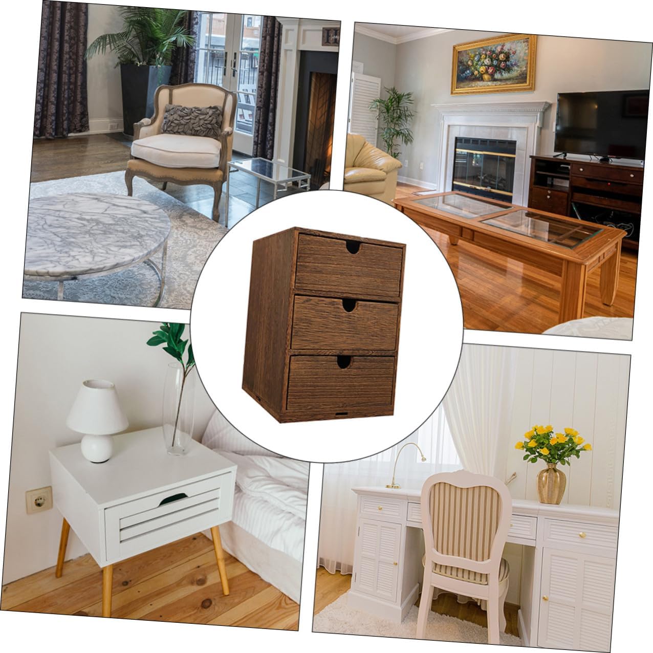 Wooden Multi-layer Storage Drawer Box with Semicircle Pull Desktop Organizer for Sundries Brown Wooden Storage for Office and Home Use