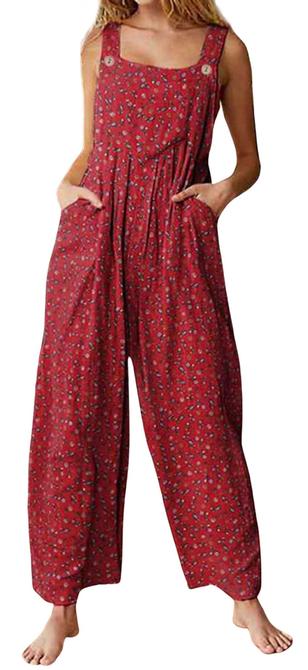 loveimgs Women's Loose Sleeveless Printed Bib Overalls Pockets Wide Leg Palazzo Pants Tank Jumpsuit