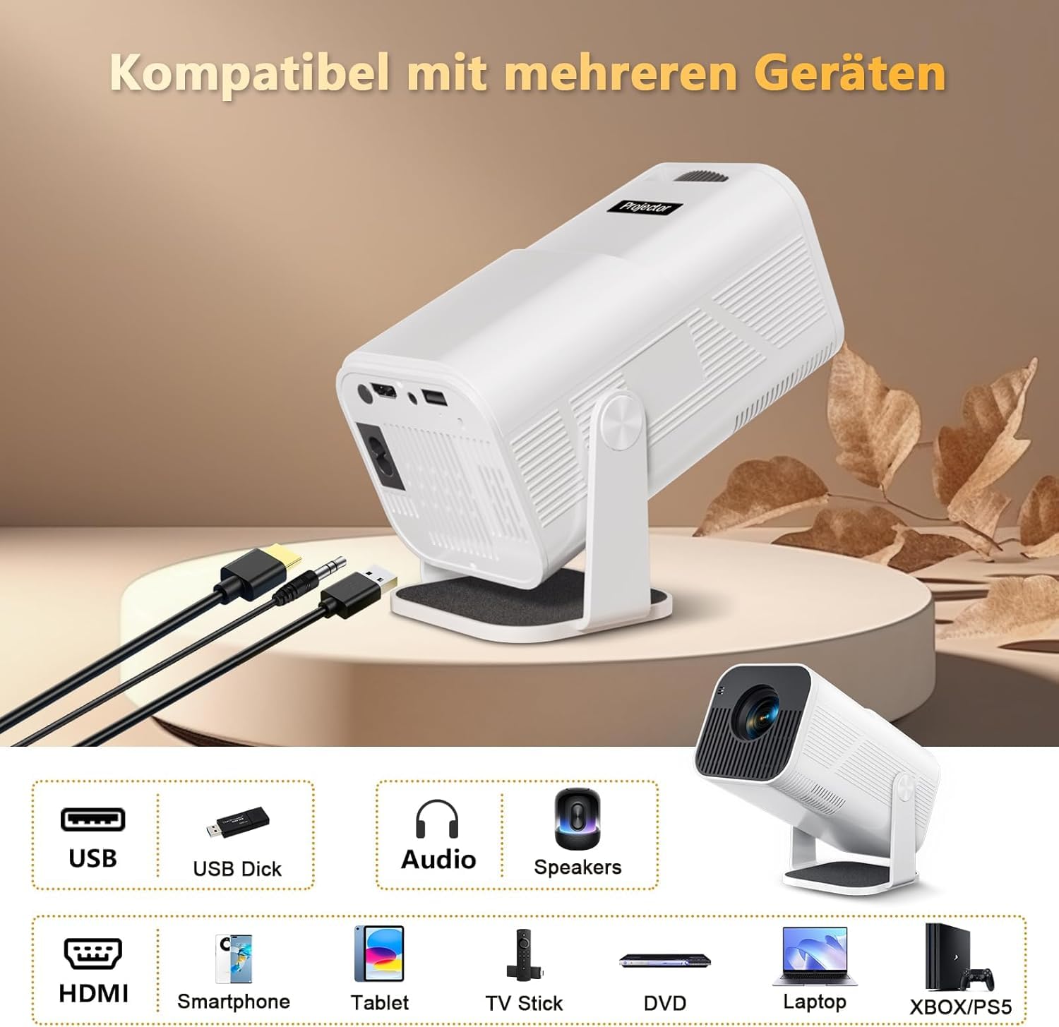 Beamer Mini Projektor mit Android 13 WiFi 6 Bluetooth 5.2 Mini Beamer 4K 1080P Unterstützung Automatische Trapezkorrektur Smart Außenprojektor Kompatibel Phone/HDMI/USB (amx500 weiß)
