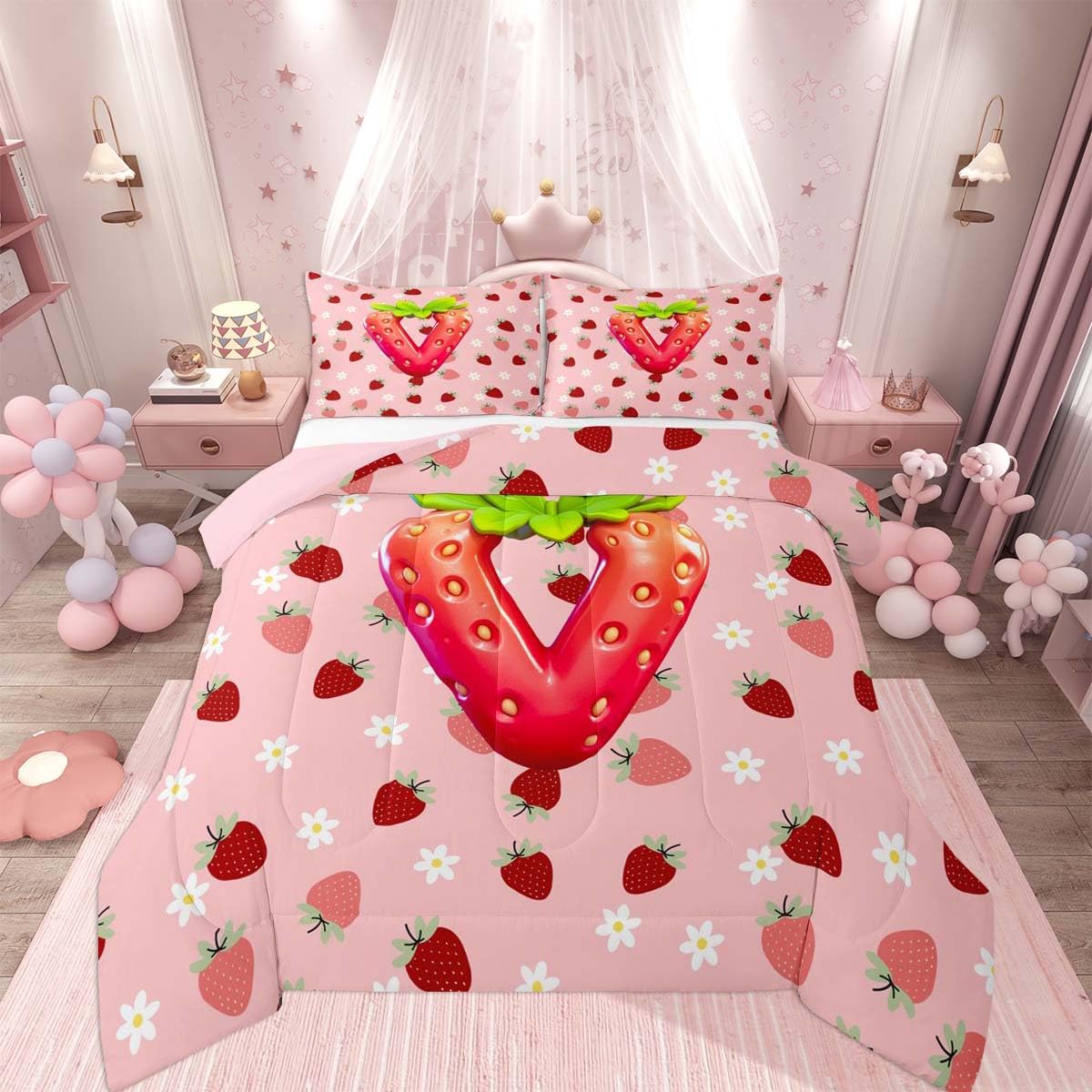 Feelyou Girls Strawberry Bedding Set Soft for Boys Girls, Pink Strawberry Comforter Set Queen Size Initial Letter V Duvet Quilt Microfiber Bedroom Decor 3 Pcs with 2 Pillow Cases