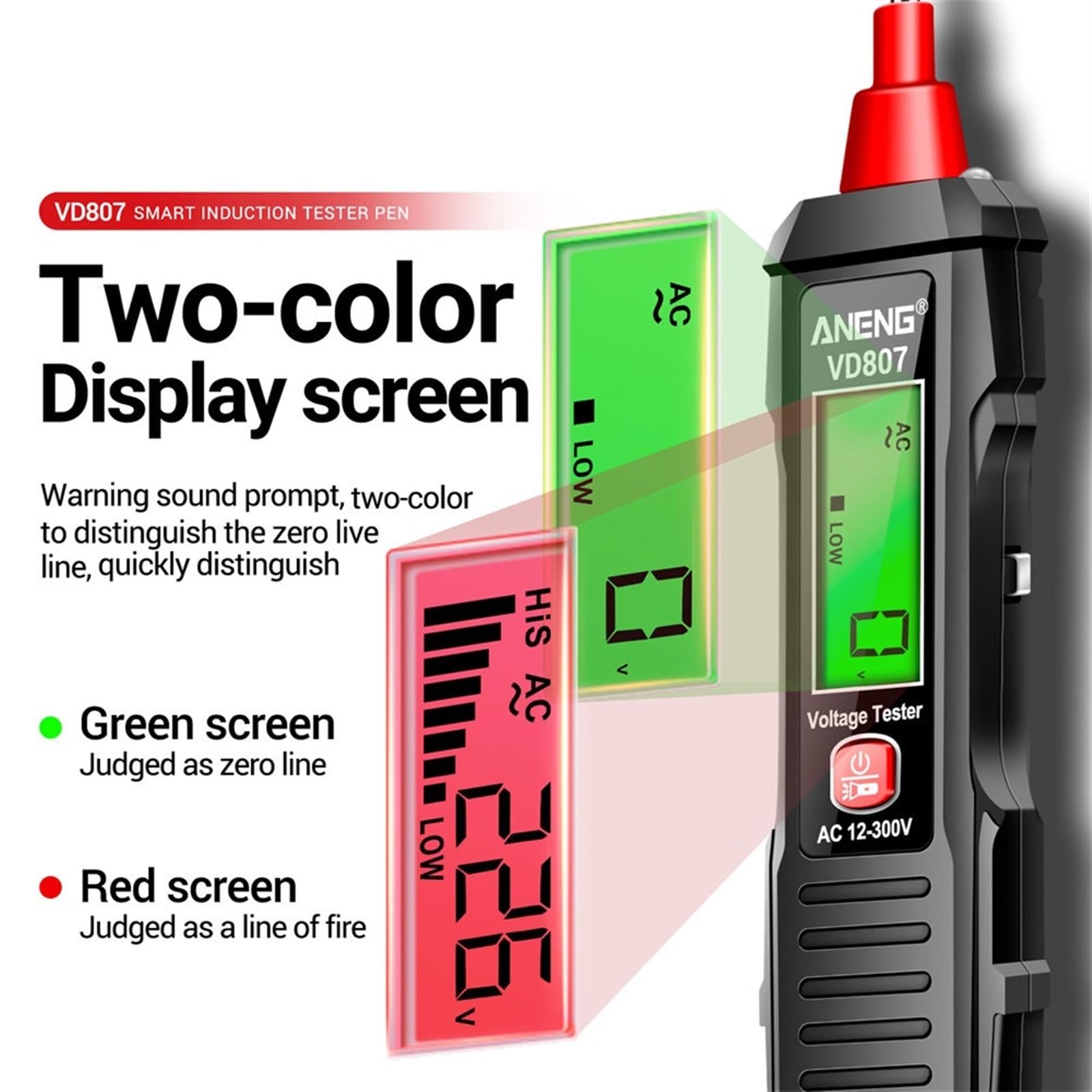 VD807 Inteligentny tester indukcyjności AC 12-300 V Tester napięcia NCV Czujnik drutu 50/60 Hz, profesjonalne narzędzie elektryka (czerwone)