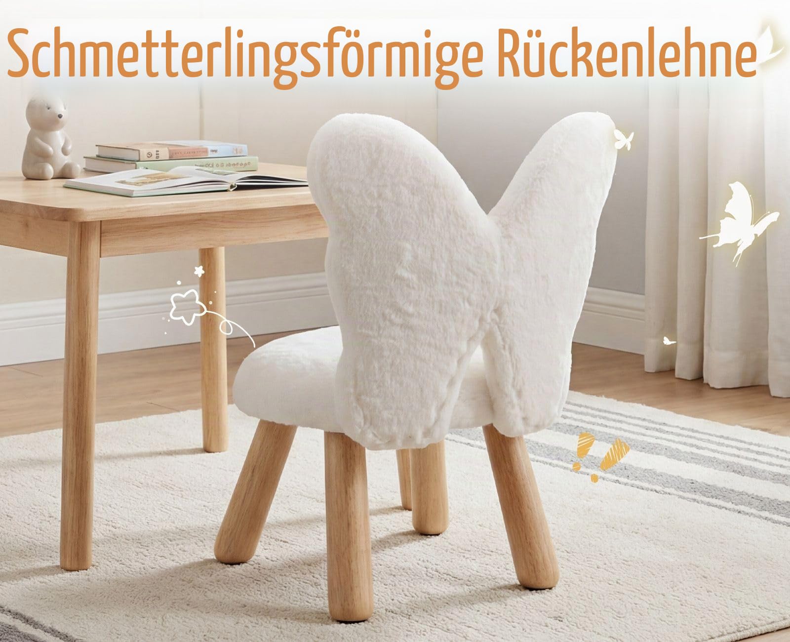 chairus Kindersessel Kunstfell Schmetterling, Weiß | Holzbeine, Gepolstert, Für Kinderzimmer, Für Spielzimmer