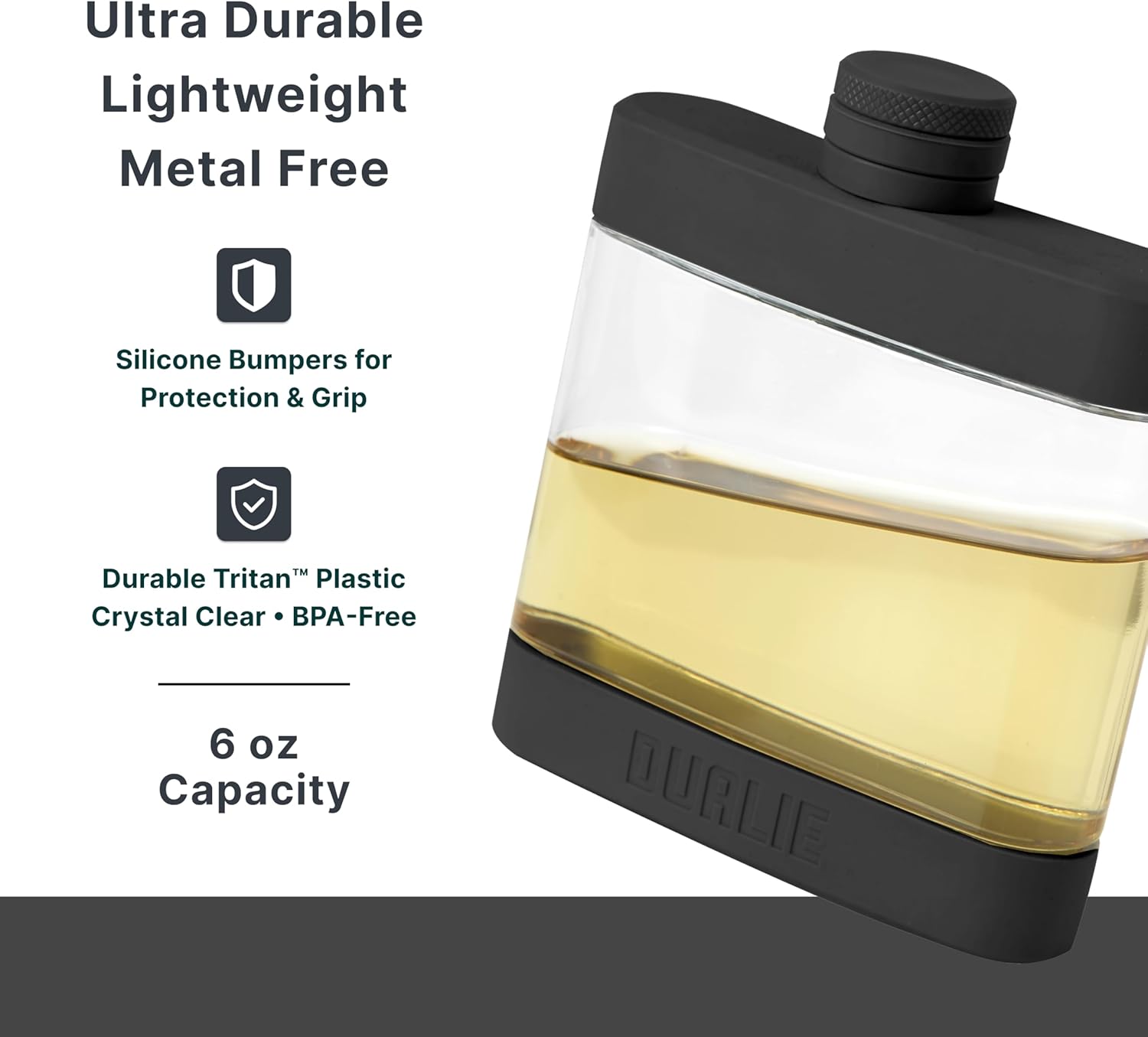DUALIE 6 oz Hip Flask for Liquor - Undetectable Shatterproof Alcohol Flasks with Clear Tritan Plastic and Silicone Grip - Flask Gift for Men & Women - Black - Image 3