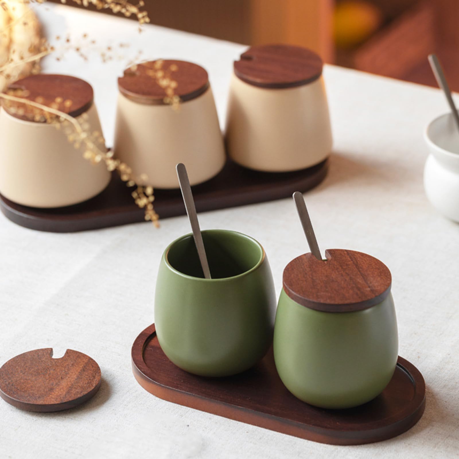 Minimalistisches Gewürzdosen Set aus Keramik, 3er Set mit Holzdeckel und Löffel, Gewürzbehälter, Schüssel für Salz, Pfeffer, Zucker, Keramikgläser