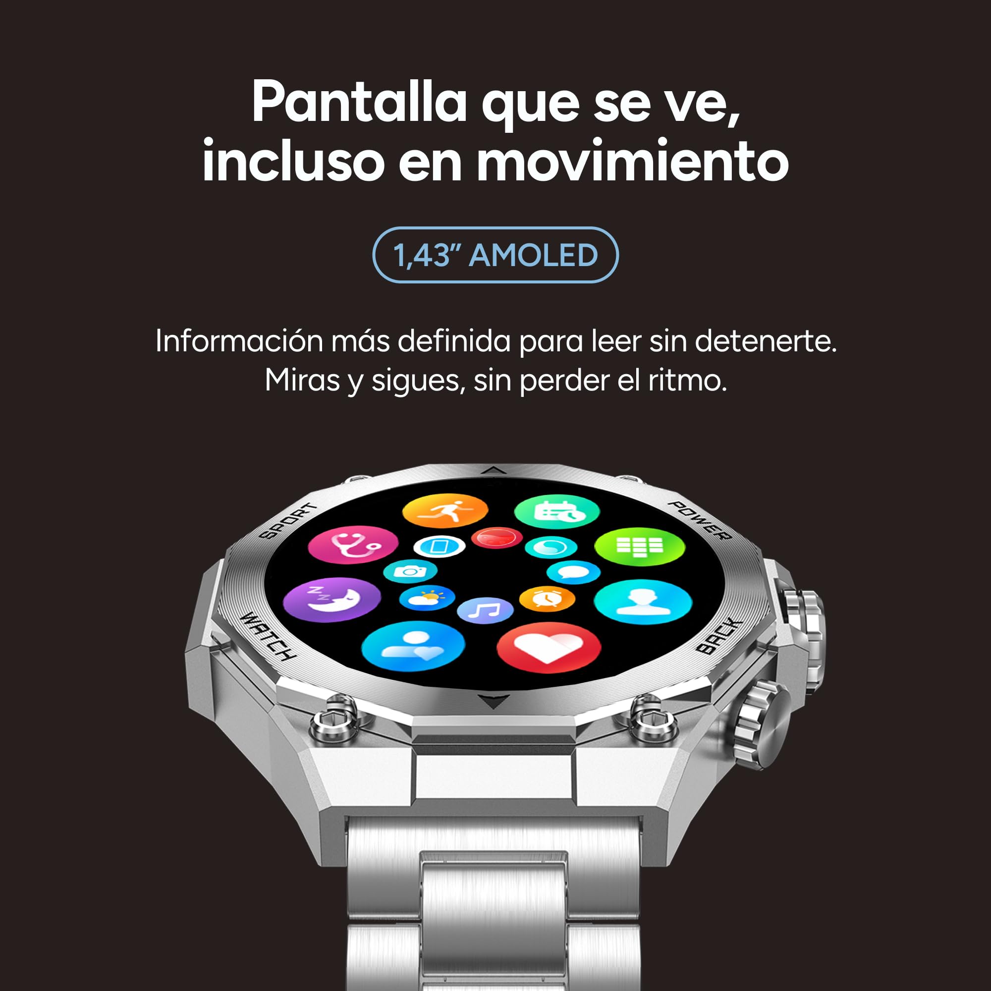 KSIX Smartwatch Titanium Go - Reloj Inteligente Hombre Pantalla AMOLED 1.43", Diseño Cronógrafo, Llamadas, IP67, Compatible con iPhone® y Android®, 2 Correas Acero Plateada y Silicona Azul