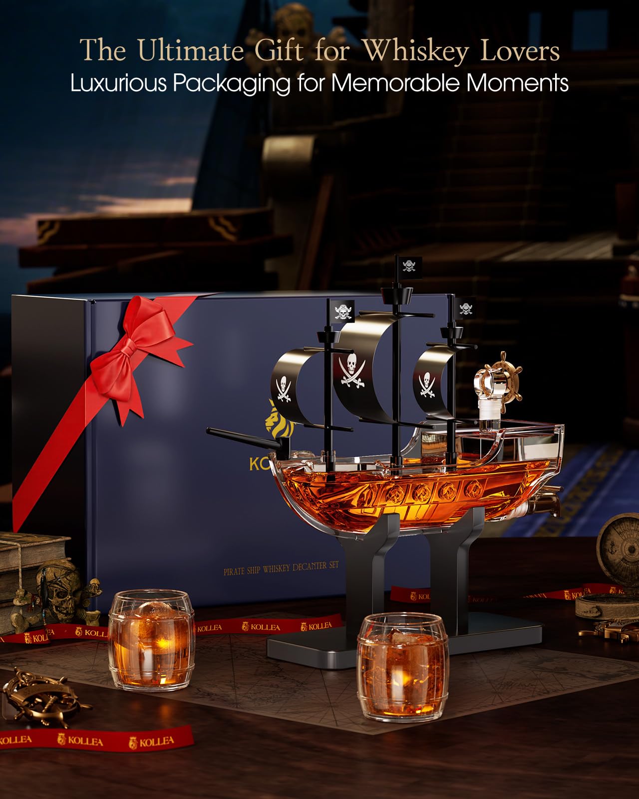 Kollea Birthday Gifts for Men Dad, Piratenschiff Whisky Dekanter Set mit 2 Gläsern, Spirituosenspender für Home Bar, lustige Geschenkideen für ihn, Freund, Jubiläum, Seemann & Kapitän
