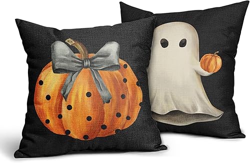 Miniatura 1 de aportt Juego de 2 fundas de almohada de Halloween de 18 x 18 pulgadas, diseño de calabaza, fantasma, color negro, lino y algodón, fundas de cojín