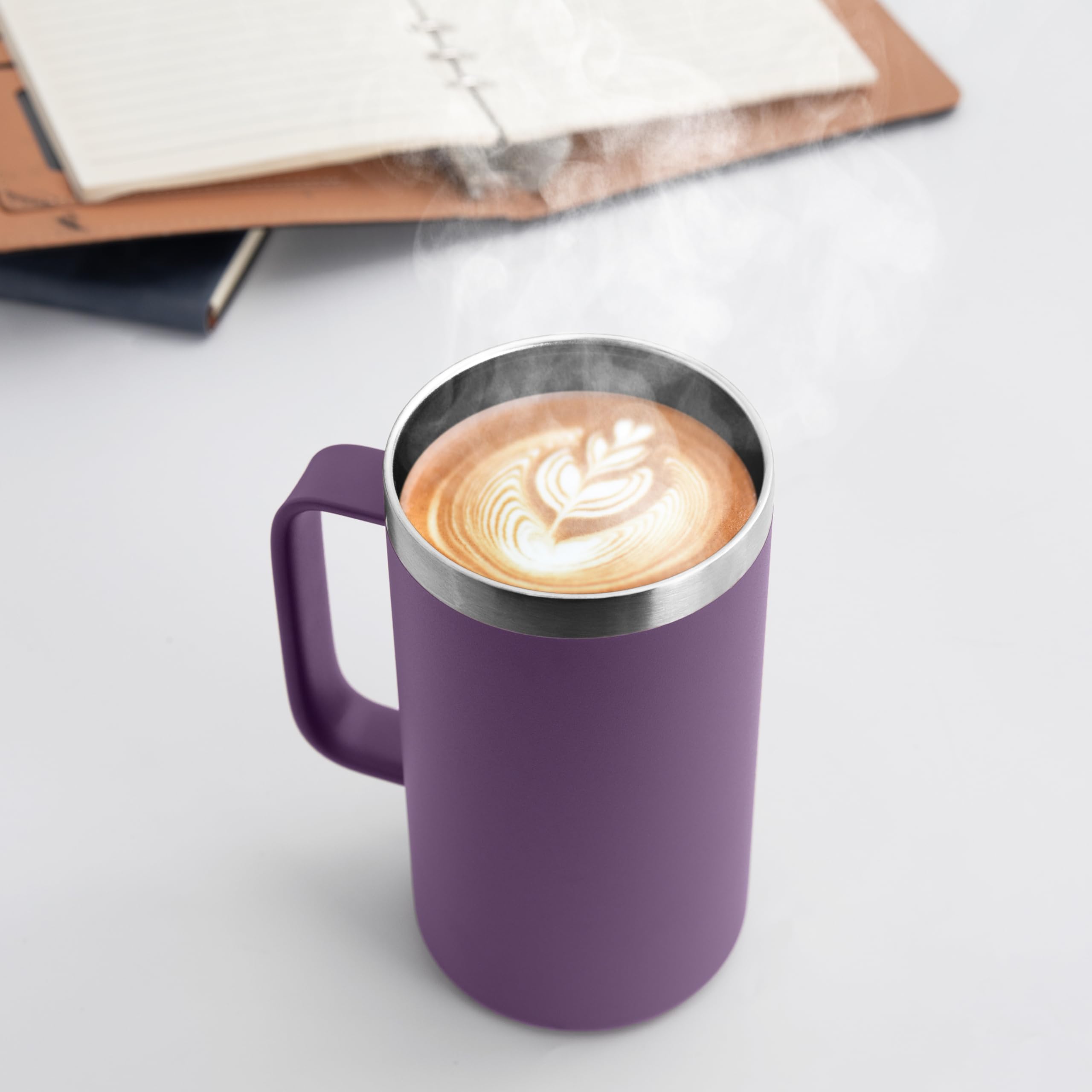 DOMICARE Taza de café de acero inoxidable de 24 onzas con asa y tapa, taza de viaje con asa, vaso de café al vacío de doble pared, taza aislada reutilizable, morado oscuro, paquete de 8