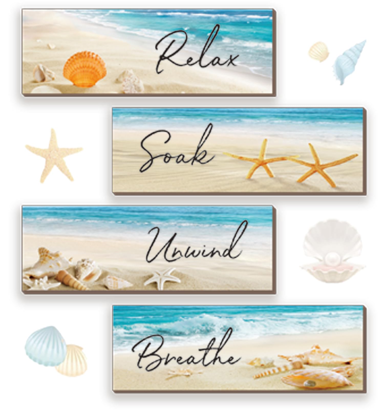 ZINYAZHE 4 Pieces Beach Bathroom Decor Ocean Beach Wall Decors Relax Soak Unwind Breathe Blue Wall Art Wooden Seashell Sea Beach Decorations for Bathroom Living Room Laundry Spa Washroom(12x3.5 Inch)