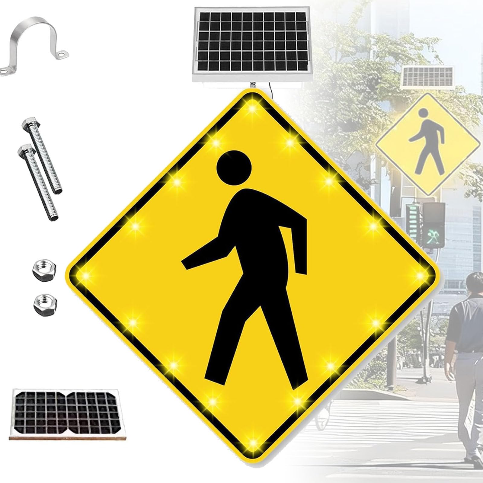 Señal LED solar intermitente para cruce de peatones, señal de advertencia de tráfico vial de aluminio, reflectante de grado de ingeniero, IP65 impermeable, LED de alto brillo para seguridad vial
